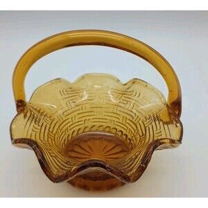 Vtg Amber Glass Basket Weave Mini Ruffled Scalloped edge Handle